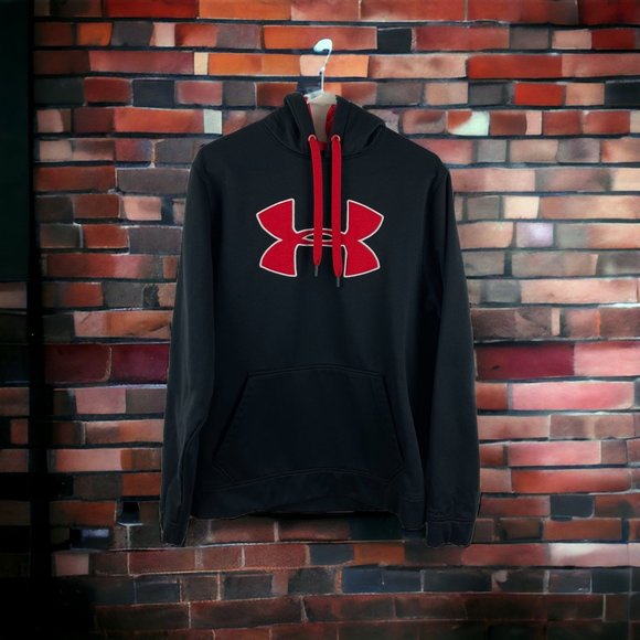 Under Armour Loose Storm Fleece Big Logo Hoodie Mens Size M Black Red Pullover - Picture 1 of 13